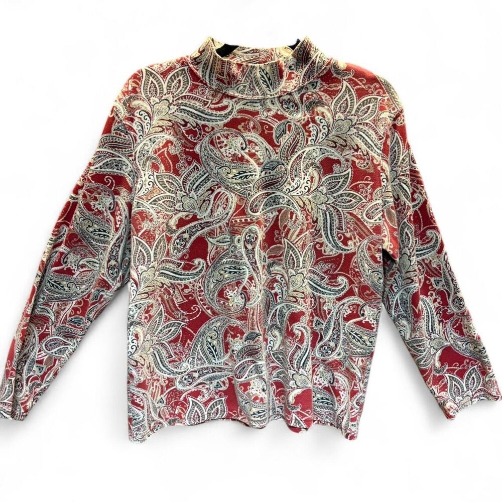 Vintage Red Paisley Mock Neck Long Sleeve Top, Festive Holiday Print size L